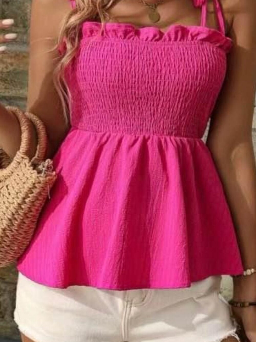 Tie Shoulder Frill Trim Peplum Cami Pink Top, Size 12